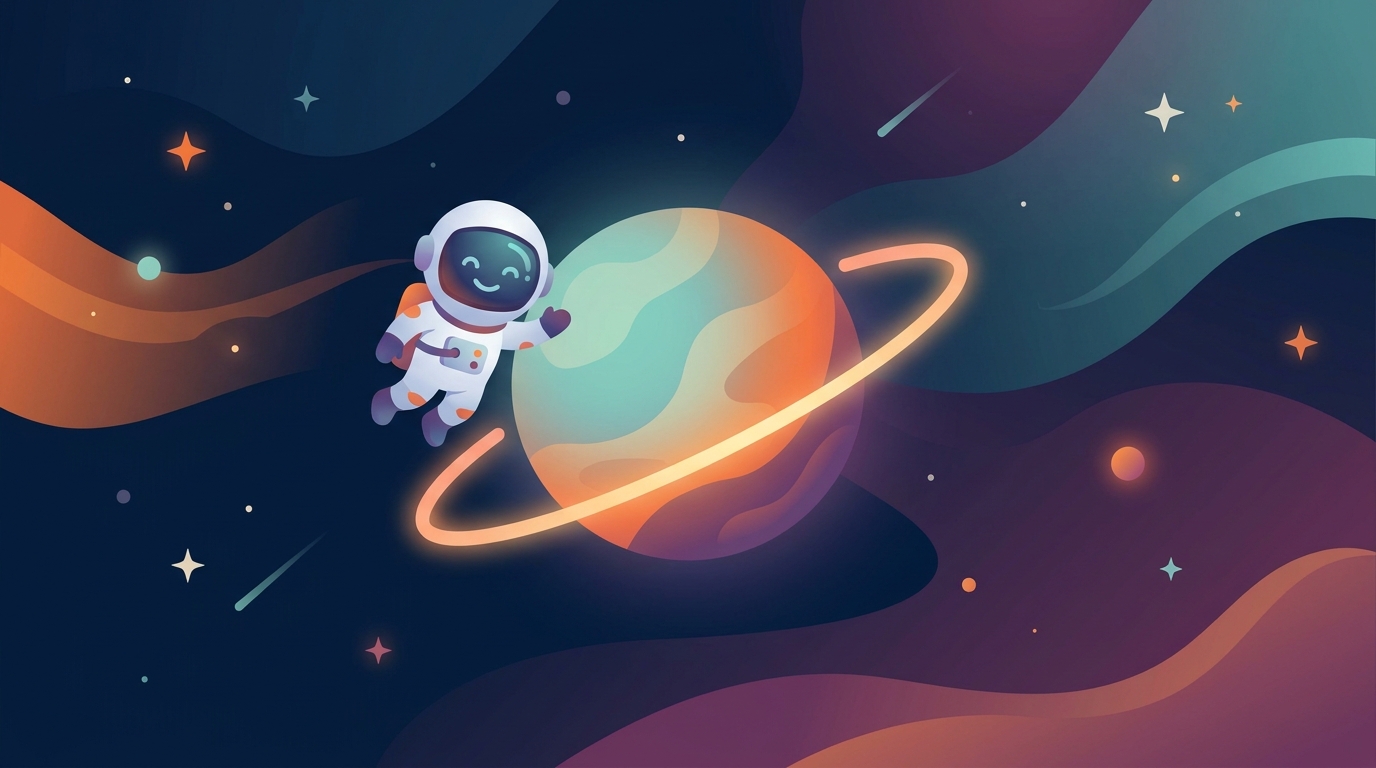 Astronaut floating beside a glowing ringed planet